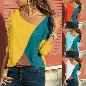 Женская повседневная блузка с открытыми плечами и круглым вырезом с длинными рукавами L оранжевый