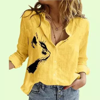 Женская повседневная блузка с принтом кота, женская модная рубашка с воротником-лацкан, тонкий хлопковый льняной топ S белый