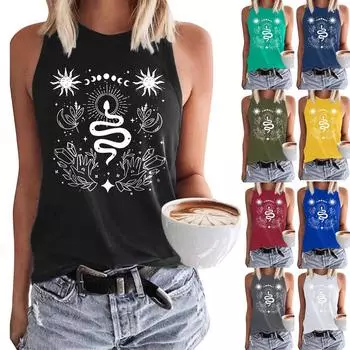 Женская повседневная блузка с принтом, свободная свободная футболка, жилет без рукавов с круглым вырезом, топы XXXL армия зеленый