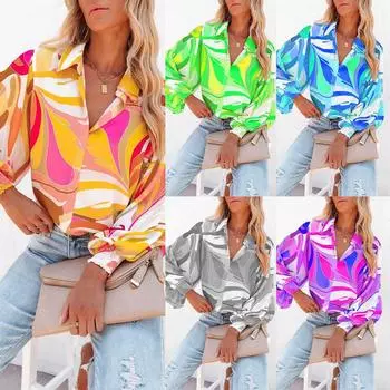 Женская повседневная блузка с принтом, весна, лето, осень, свободная рубашка на пуговицах с длинными рукавами, топы больших размеров S жёлтый