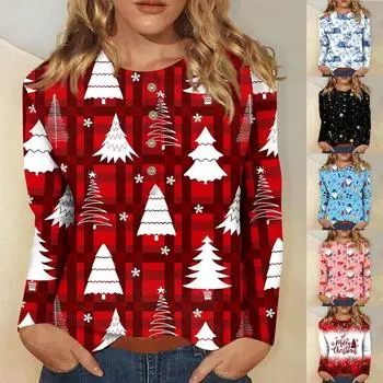 Женская повседневная блузка с пуловером на пуговицах с длинными рукавами и рождественским принтом L красный