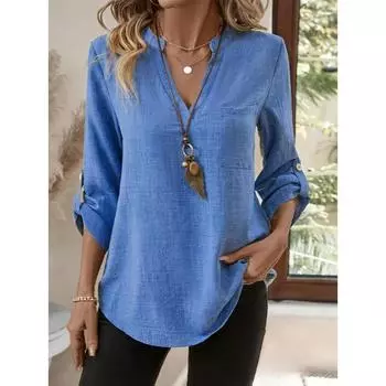 Женская повседневная блузка с V-образным вырезом и застежкой на пуговицы спереди - Однотонная синяя всесезонная рубашка, Офисный и повседневный топ S синий