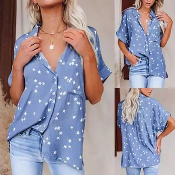 Женская повседневная блузка с v-образным вырезом и карманом с коротким рукавом и принтом звезды, блузка, футболка