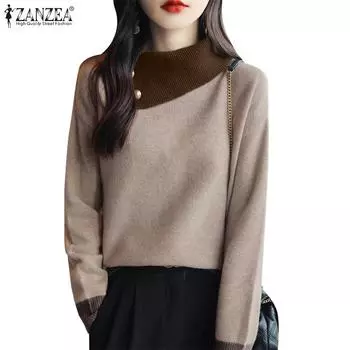 Женская повседневная блузка с воротником-стойкой и длинными рукавами в стиле пэчворк ZANZEA S коричневый