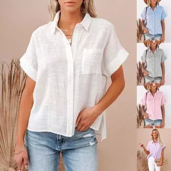 Женская повседневная блузка, весенне-летняя рубашка с короткими рукавами и лацканами из хлопка и льна, свободная рубашка на пуговицах, топы S белый
