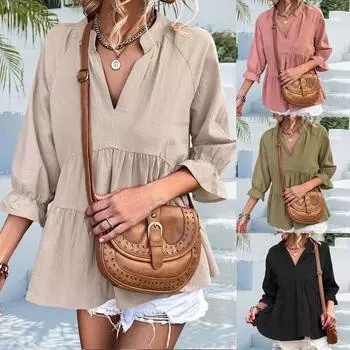 Женская повседневная блузка весна-лето средний рукав V-образный вырез хлопковая свободная рубашка топы S розовый