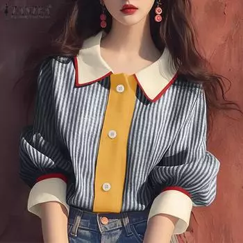 Женская повседневная блузка ZANZEA с отложным воротником и рукавами 3/4 в полоску в стиле пэчворк 4XL синий