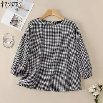 Женская повседневная блузка ZANZEA с сетчатым принтом и круглым вырезом, рукавом 3/4 S чёрный