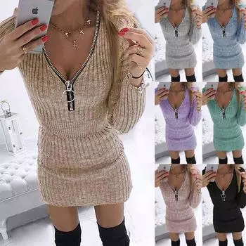 Женская повседневная цветная шерстяная юбка с застежкой-молнией и длинными рукавами, трикотажное платье на бедрах L зелёный