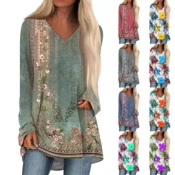 Женская повседневная длинная свободная футболка с длинными рукавами и v-образным вырезом с цветочным принтом M