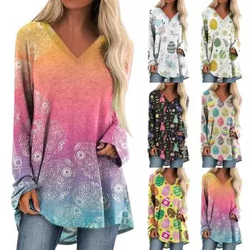 Женская повседневная длинная свободная футболка с длинными рукавами и v-образным вырезом, принтом пасхальных яиц и кроликов, весна-осень S хаки