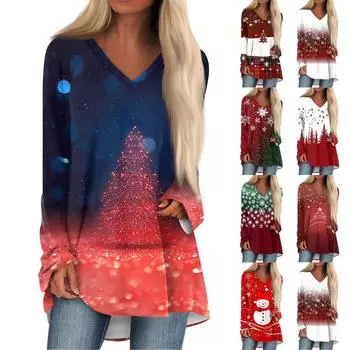 Женская повседневная длинная свободная футболка с длинными рукавами и v-образным вырезом с цветочным принтом XXXL красный