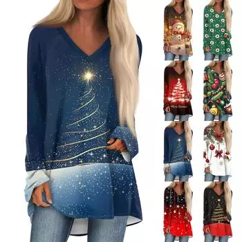 Женская повседневная длинная свободная футболка с длинными рукавами и v-образным вырезом с цветочным принтом XXXL