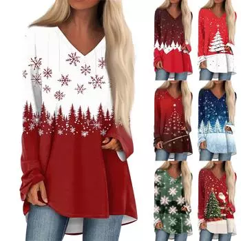 Женская повседневная длинная свободная футболка с длинными рукавами и v-образным вырезом с цветочным принтом XXL красный