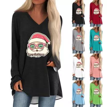 Женская повседневная длинная свободная футболка с длинными рукавами и v-образным вырезом с цветочным принтом S зелёный