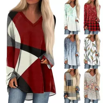 Женская повседневная длинная свободная футболка с длинными рукавами и v-образным вырезом с цветочным принтом XXXL серый