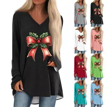 Женская повседневная длинная свободная футболка с длинными рукавами и v-образным вырезом с цветочным принтом XXL