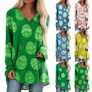 Женская повседневная длинная свободная футболка с длинными рукавами и v-образным вырезом, принтом пасхальных яиц и кроликов, весна-осень M