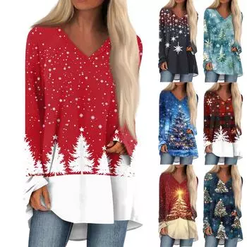 Женская повседневная длинная свободная футболка с длинными рукавами и v-образным вырезом с цветочным принтом M синий