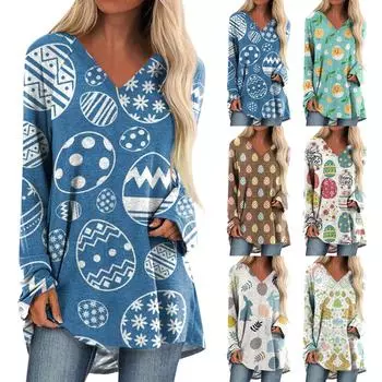 Женская повседневная длинная свободная футболка с длинными рукавами и v-образным вырезом, принтом пасхальных яиц и кроликов, весна-осень L бежевый