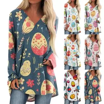 Женская повседневная длинная свободная футболка с длинными рукавами и v-образным вырезом, принтом пасхальных яиц и кроликов, весна-осень M бирюзовый