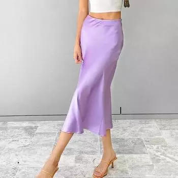 Женская повседневная длинная тонкая юбка с высокой талией, элегантные офисные женские юбки с запахом на бедрах, летняя однотонная фиолетовая атласная шелковая юбка 25959 S темно-синий
