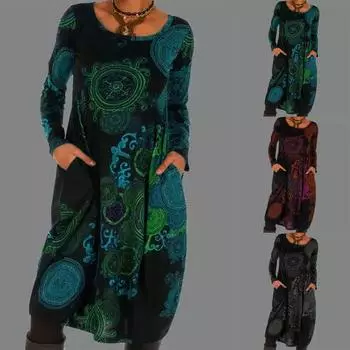 Женская повседневная длинная юбка с принтом в этническом стиле и длинным рукавом, свободное платье L синий