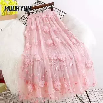 Женская повседневная длинная юбка с высокой талией, летняя сетчатая юбка с бисером длиной до середины голени, длинные женские юбки One Size серый