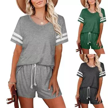 Женская повседневная домашняя одежда для сна с круглым вырезом и короткими рукавами в полоску, комплекты из двух предметов M