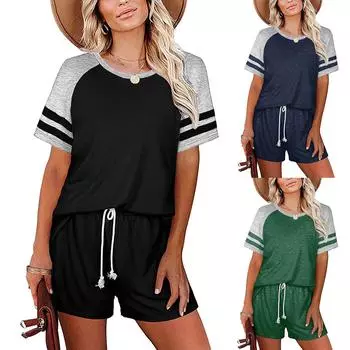 Женская повседневная домашняя одежда для сна с круглым вырезом и короткими рукавами в полоску, комплекты из двух предметов XL чёрный
