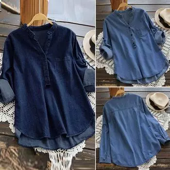 Женская повседневная джинсовая блузка с асимметричным подолом, длинными рукавами и пуговицами, карманами и топами M светло-синий