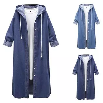 Женская повседневная джинсовая куртка с капюшоном с длинным рукавом, длинное джинсовое пальто, верхняя одежда, пальто XXL синий