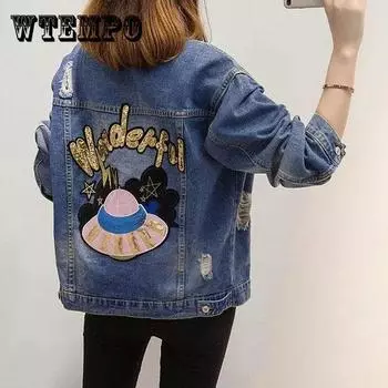 Женская повседневная джинсовая куртка со свободными пуговицами и лацканами с длинными рукавами, женская осенняя рваная джинсовая куртка большого размера XXXXXL синий