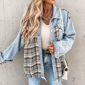 Женская повседневная джинсовая лоскутная клетчатая куртка, свободный топ S светло-синий