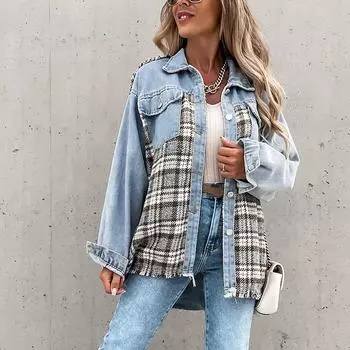 Женская повседневная джинсовая лоскутная клетчатая куртка, свободный топ S светло-синий