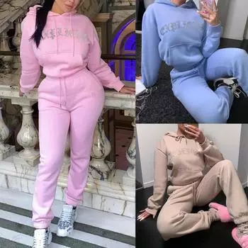 Женская повседневная флисовая толстовка с длинным рукавом и принтом больших размеров, брюки, спортивный костюм