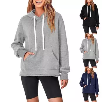 Женская повседневная флисовая толстовка с длинным рукавом, модная толстовка осень-зима, свободная M чёрный