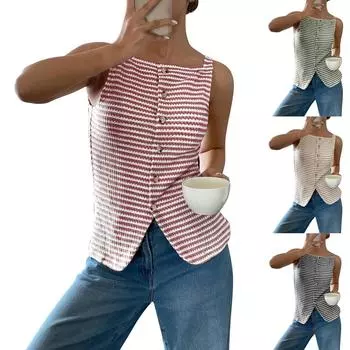 Женская повседневная футболка без рукавов на пуговицах L бежевый