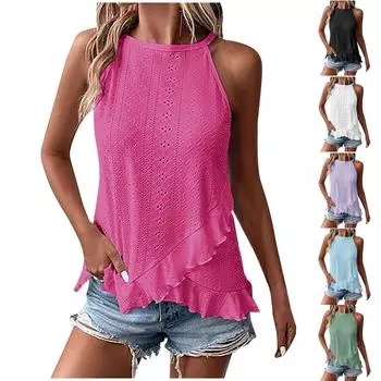 Женская повседневная футболка без рукавов, топ с рюшами и подвесным воротником XL