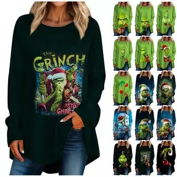 Женская повседневная футболка больших размеров с длинными рукавами и круглым вырезом с рождественским принтом, верхний пуловер XXXL чёрный