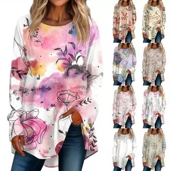 Женская повседневная футболка больших размеров с длинными рукавами и круглым принтом, верхний пуловер L