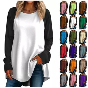 Женская повседневная футболка больших размеров с длинными рукавами и круглым вырезом с контрастной строчкой, верхний пуловер L синий