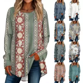 Женская повседневная футболка больших размеров с длинными рукавами и круглым принтом, верхний пуловер M белый