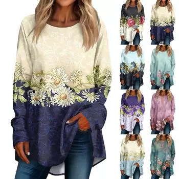 Женская повседневная футболка больших размеров с длинными рукавами и круглым принтом, верхний пуловер M бежевый