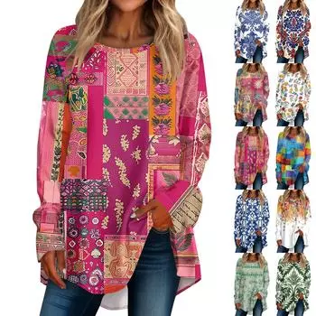 Женская повседневная футболка больших размеров с длинным рукавом и круглым вырезом в стиле ретро, пуловер XXXL