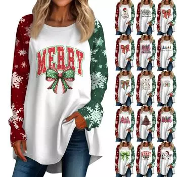 Женская повседневная футболка больших размеров с длинными рукавами и круглым вырезом с рождественским принтом, топ, пуловер L армия зеленый