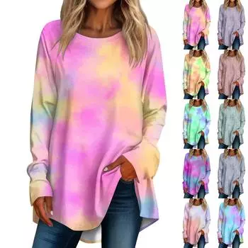Женская повседневная футболка больших размеров с длинными рукавами и круглым вырезом с принтом, верхний пуловер S