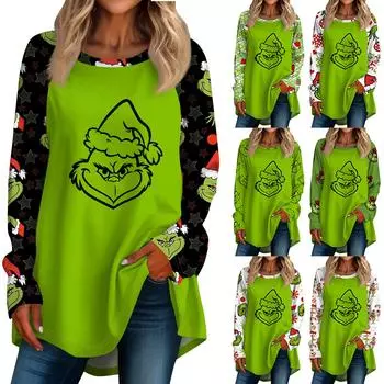 Женская повседневная футболка больших размеров с длинными рукавами и круглым вырезом с рождественским принтом, топ, пуловер M