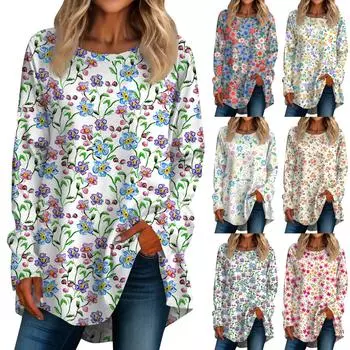 Женская повседневная футболка больших размеров с длинными рукавами и круглым принтом, верхний пуловер L циан