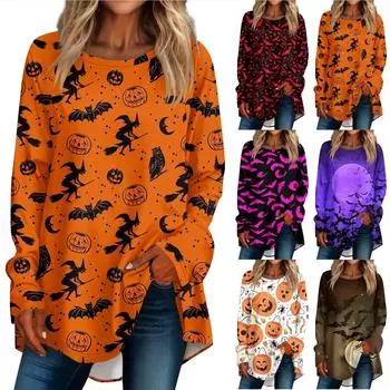 Женская повседневная футболка больших размеров с длинными рукавами и круглым вырезом, футболка с принтом на Хэллоуин, верхний пуловер M